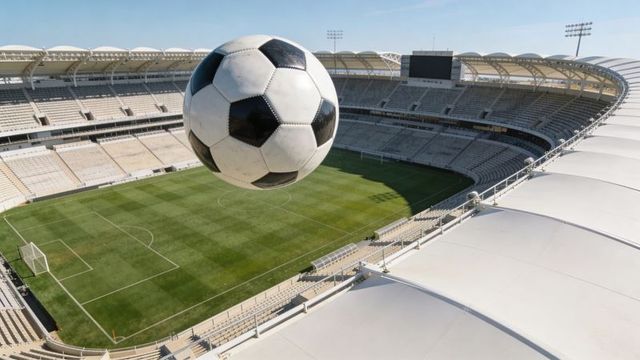 Black-and-white soccer ball hovering above empty stadium pitch closeup showing goalposts floodlights