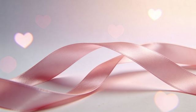 Draping silky pink satin ribbon with stitched edges and heart bokeh on pastel background