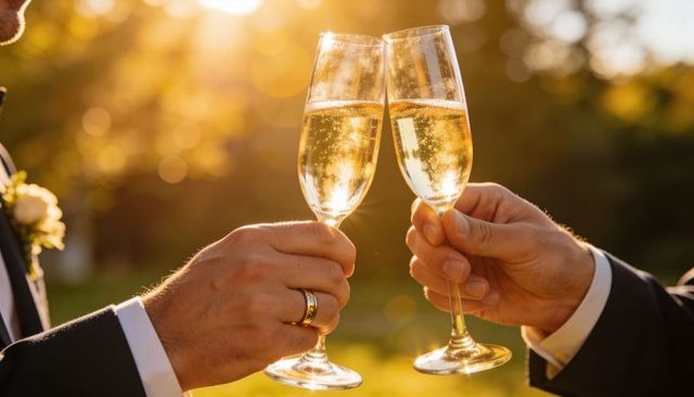 Same-sex grooms toasting champagne flutes at golden hour outdoor wedding reception