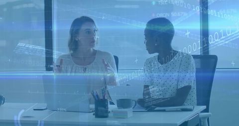 Colleagues discussing ideas technology overlay