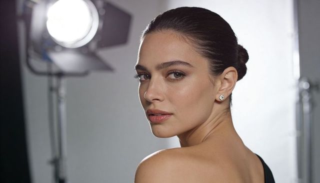 Turning model looking over shoulder in studio lighting wearing elegant one-shoulder dress