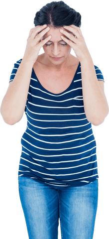 Middle-aged woman holding head stress transparent background