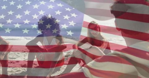 Group of Friends Enjoying Beach Day with American Flag Overlay