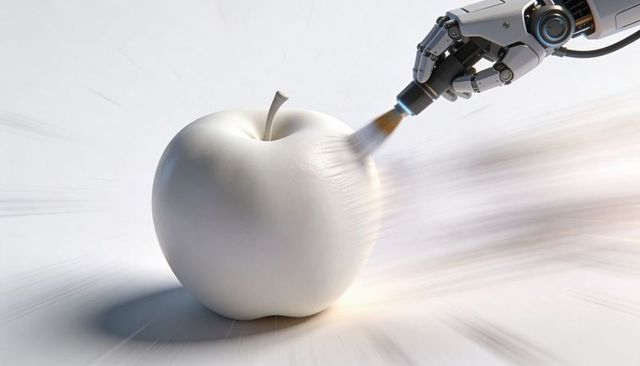 Robotic arm painting matte white apple with precision brush strokes, futuristic craft