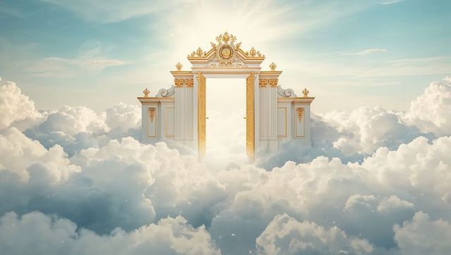 Ornate golden gateway floating above clouds with open double doors and sunlight