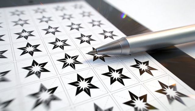 Metallic ballpoint pen resting on octagram sticker grid with glossy reflective labels