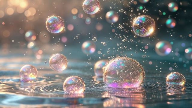Colorful Soap Bubbles with Rainbow Reflections on Rippling Water