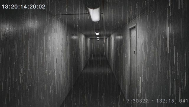 Monochrome cctv corridor with timestamps and grainy streaks evoking suspenseful perspective