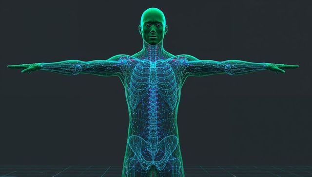 Digital Human Model with Neon Mesh in T-Pose Illustrating Skeletal Framework