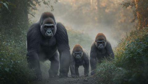 Misty forest trio of gorillas walking narrow trail at dawn