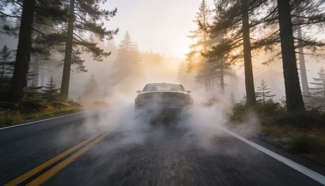 Car driving through morning fog on wet pine forest road at sunrise