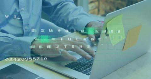 Mature professional using laptop with ar overlay, sticky notes and cybersecurity concept