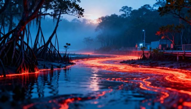 Glowing molten stream winding through mangrove estuary at twilight with boardwalk lights