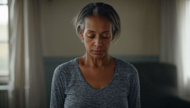 Contemplative midlife woman gazing downward at home wearing gray top and stud earrings