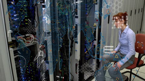 Businesswoman Monitoring Servers with Digital World Map Overlay