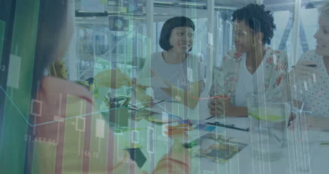 Diverse Team Collaborates with Digital Data Overlay in Modern Office