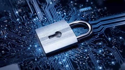 Padlock Secures Electronic Circuit Board in Glowing Cyber Safeguard Video Scene