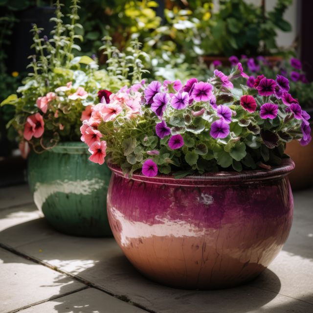 Colourful petunias in ceramic planters in sunny garden, created using generative ai technology. Flowers, plants, growth, spring, nature and gardening concept digitally generated image.