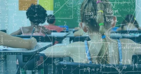 Elementary student with braided hair studying math in classroom with equations overlay