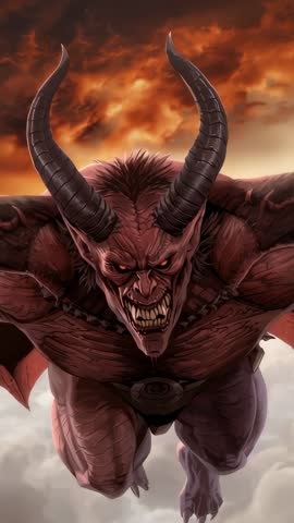 Horned Demon Bursting Through Clouds Roaring Over Fiery Sky Vertical Fantasy Video