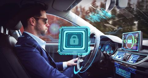 Businessman driving luxury sedan monitoring holographic cybersecurity AR lock interface