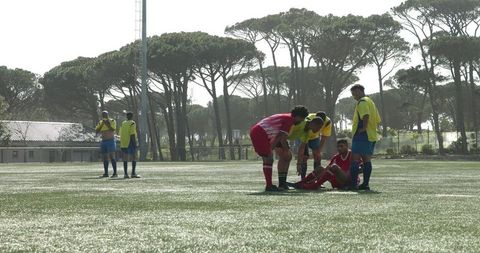 Diverse Male Soccer Players Training Aiding Injured Teammate on Field