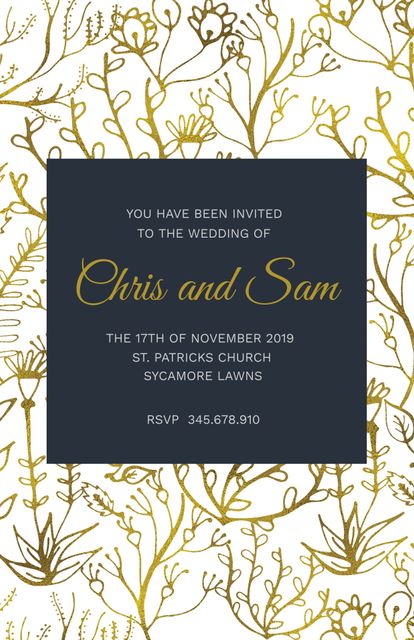 Elegant Gold Botanical Wedding Invitation with Black Text Box - Download Free Stock Templates Pikwizard.com