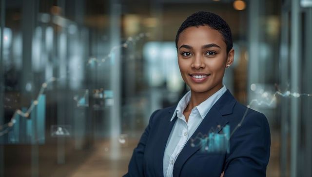 Confident executive leading finance strategy with data visualization in modern office