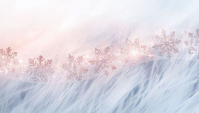 Rose Gold Snowflake Ribbon on Soft Pastel Fur Winter Background with Sparkling Glitter