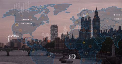 Global data overlay on london cityscape at dusk