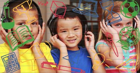 Diverse children learning with educational illustrations