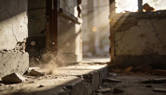 Sunlight streaming through broken window catching dust over crumbling concrete threshold