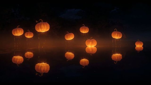 Floating Pumpkins Reflect Warm Light on Misty Nocturnal Lake
