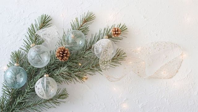 Minimalist christmas pine branch decorating with glass baubles, pinecones, shimmering ribbon