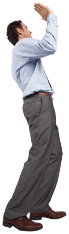 Transparent businessman raising hands in formal attire