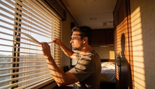 Man peering through camper blinds at sunrise adjusting shades bathed in sunlight