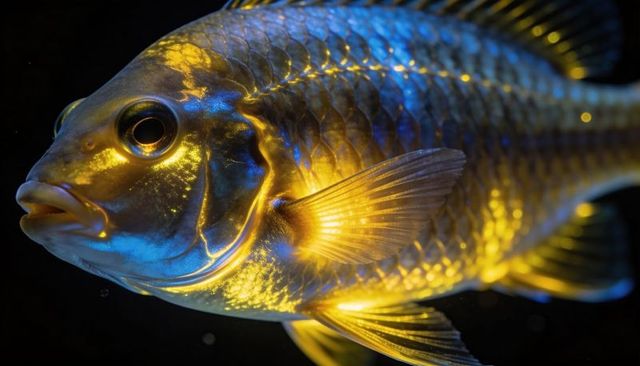 Gliding ornamental fish with blue and gold iridescent scales and glowing pectoral fin