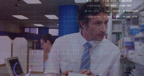 Caucasian Businessman Encounters Virtual Financial Data