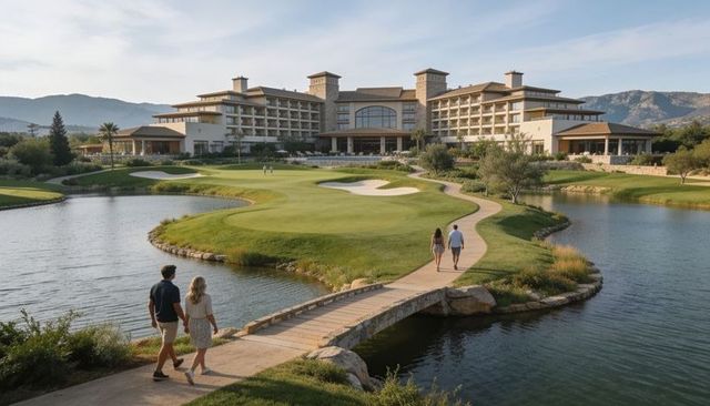 Luxury resort hotel overlooking golf course and lake with couples strolling on bridge