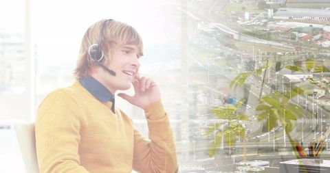 caucasian businessman wearing headset working within urban environment highlighted through cityscape overlay. man symbolizing communication and connection in modern business. ideal for illustrating global communications, customer service roles, tech-driven work environments or remote work scenarios.