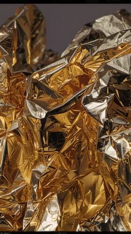 Vertical video: Shifting highlights dancing across crumpled gold foil for abstract backgrounds