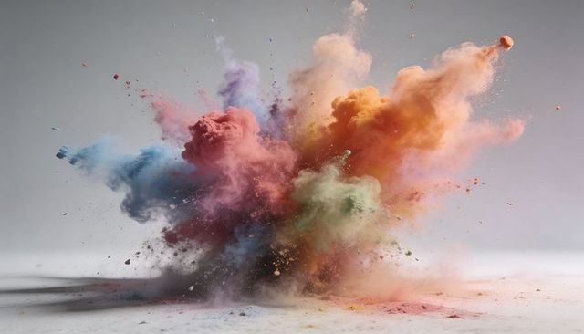 Bursting Multicolor Pigment Cloud Billowing Across Studio Floor with Dynamic Dust Motion