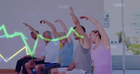Group Fitness Class Stretching on Stability Balls with Animated Performance Charts Overlay