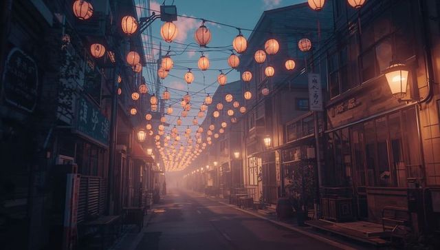 Night mesmerizes dusk on traditional japanese lantern-lit street