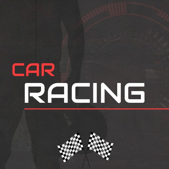 Illustration of car racing text and checkered flags with silhouette man in background, copy space. illustration, monaco grand prix, formula one motor racing, racing event, circuit race.
