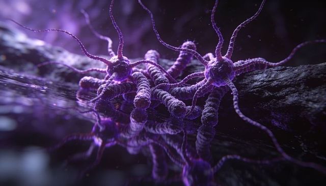 Glowing purple microbial cluster coiling segmented filaments on reflective surface