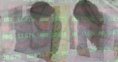 Architects analyzing plans with data overlay at construction site