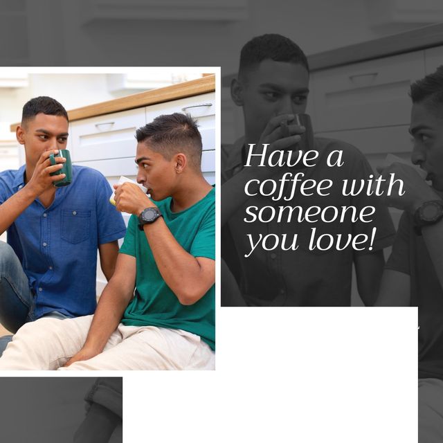 Gay couple looking at each other while drinking coffee and have a coffee with someone you love text. International coffee day, composite, love, togetherness, beverage, support, drink, celebration.