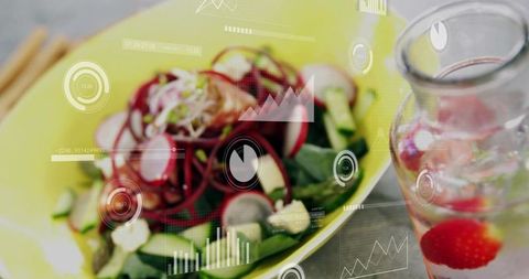 Fresh salad featuring cucumber, radish, microgreens and cheese with health data overlays