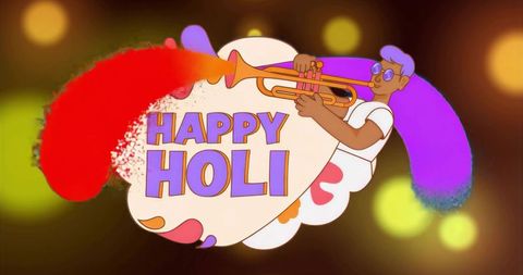 Celebrating holi with cartoon trumpet player and vibrant color powder explosion